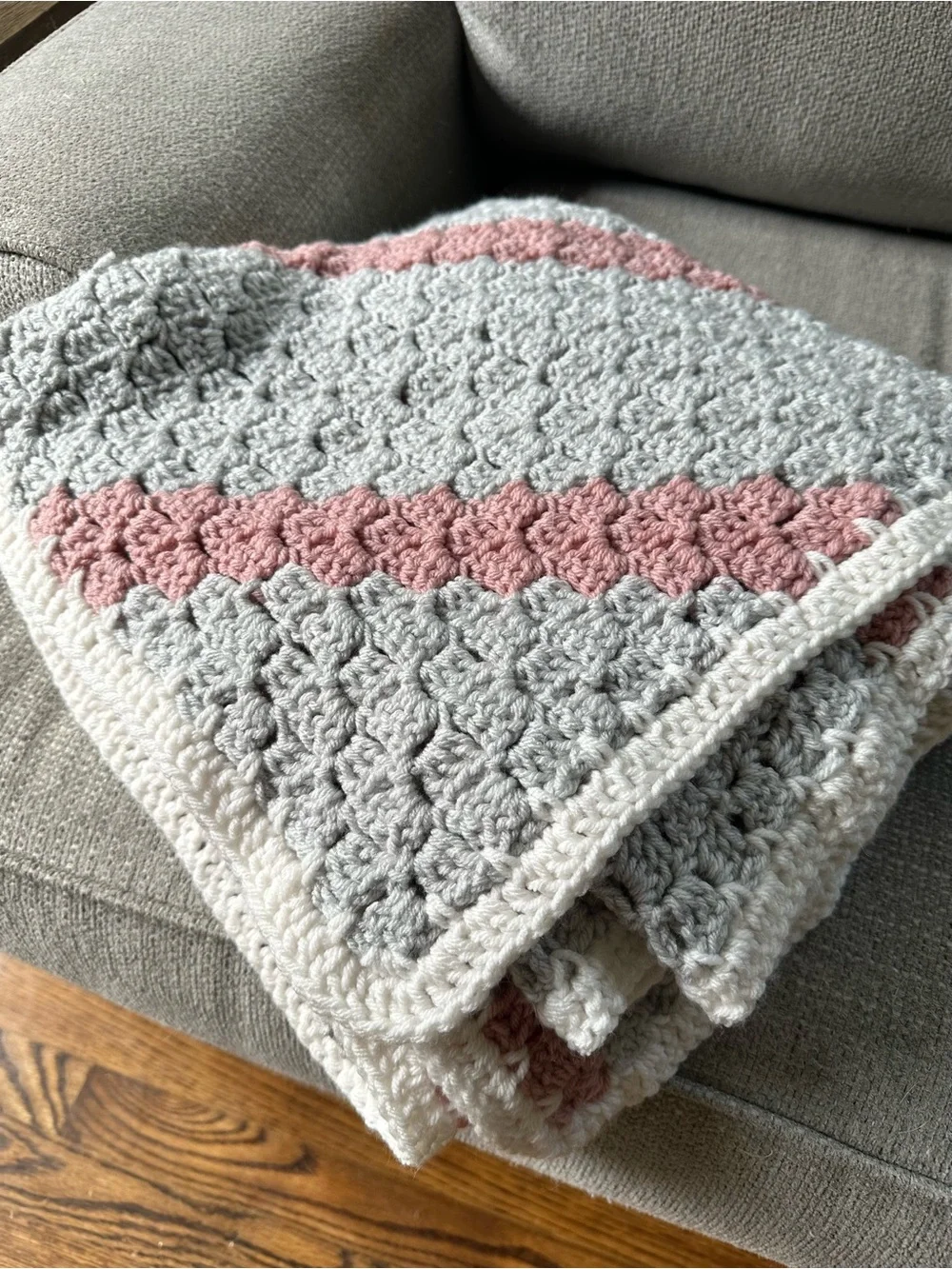 Hand Crocheted Gray Throw Blanket w Pink Accent Stripes White Border Baby Crib
